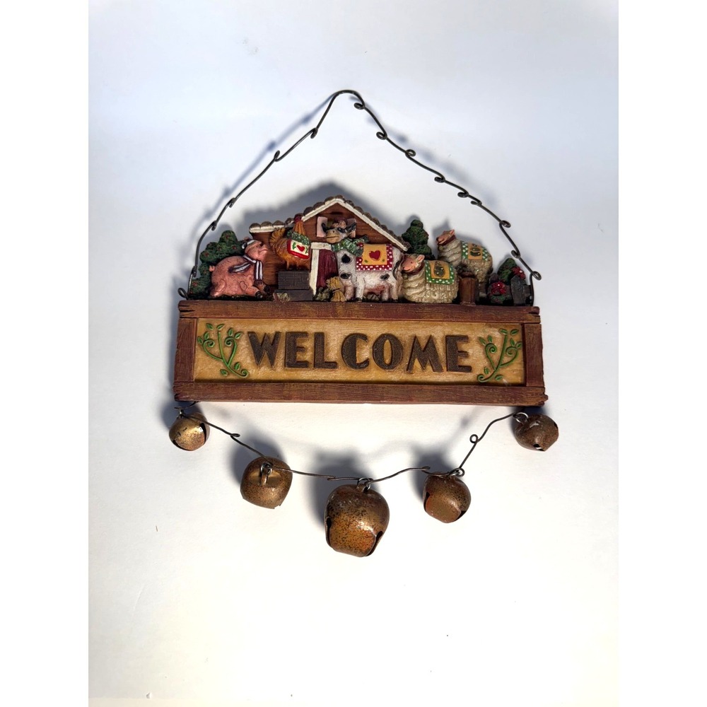 Holiday Farm Animal "Welcome" Rustic Country Farm Sign Hanging With Bells 9.25"